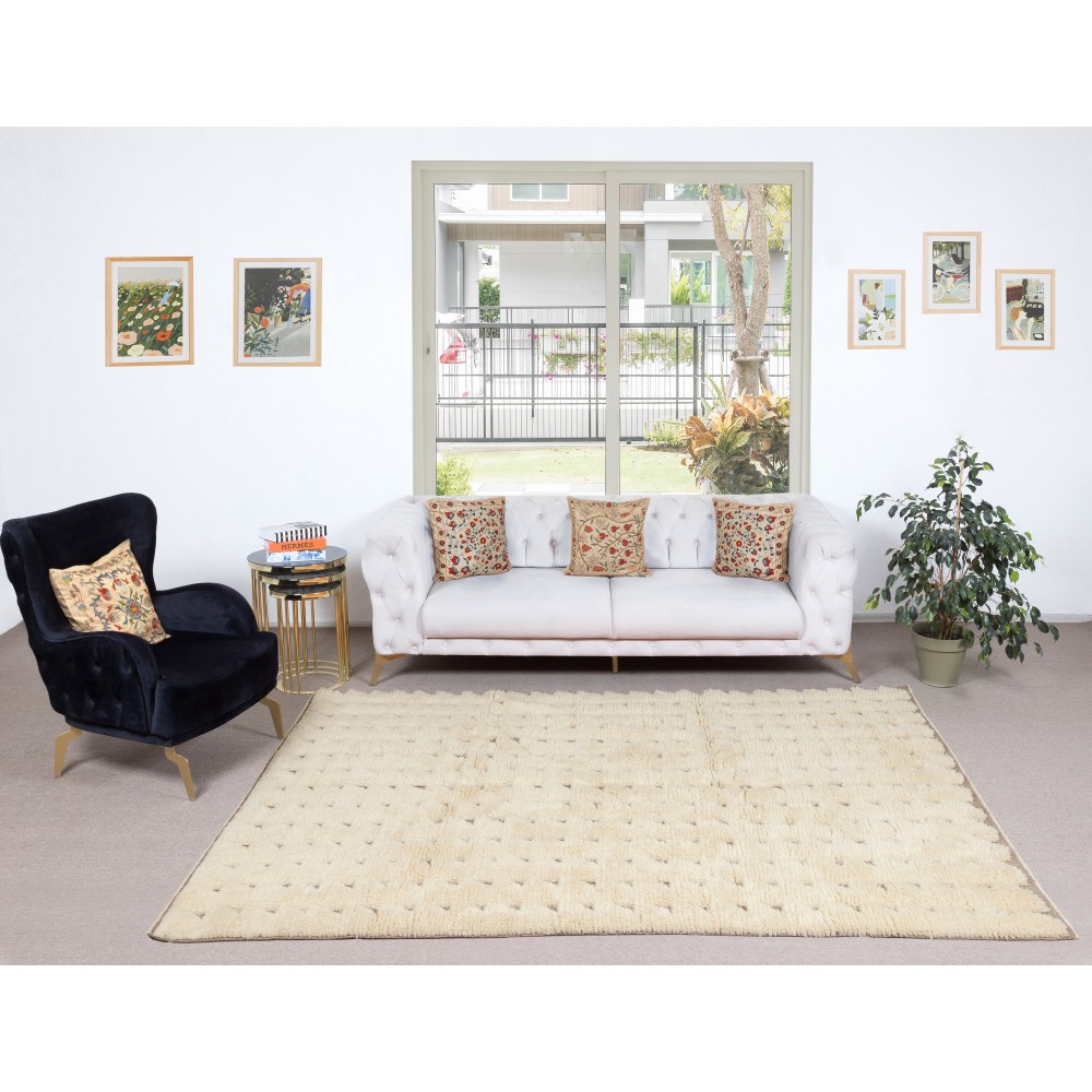 Handmade Tulu Rug Made of Natural Un-Dyed Beige Wool. Modern Hand Knotted Carpet