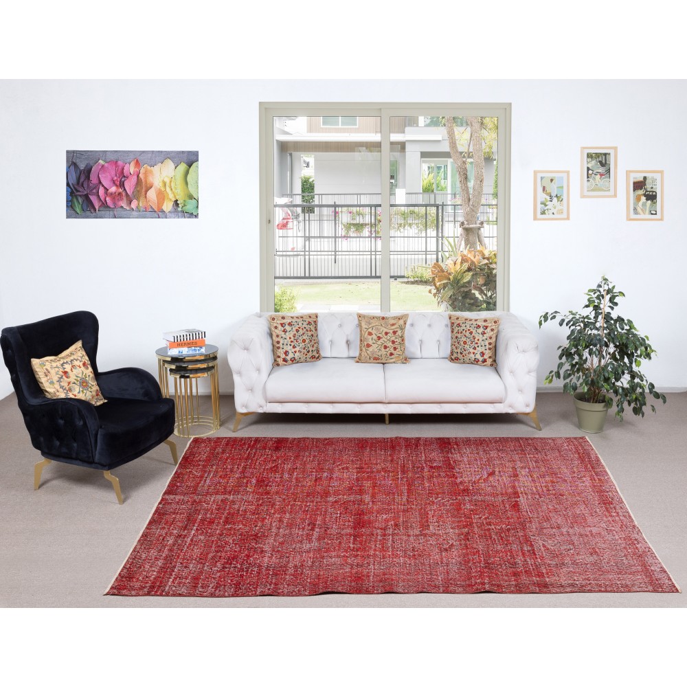 Handmade Turkish Wool Area Rug. Vintage Overdyed Red Rug for Modern Home Handmade Turkish Wool Area Rug. Vintage Overdyed Red Rug for Modern Home
