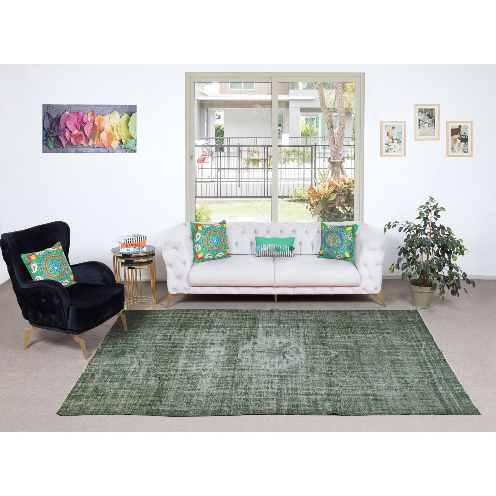 Green Overdyed Vintage Turkish Area Rug. Hand-Woven and Hand-Knotted Wool Carpet for Modern Interiors Green Overdyed Vintage Turkish Area Rug. Hand-Woven and Hand-Knotted Wool Carpet for Modern Interiors
