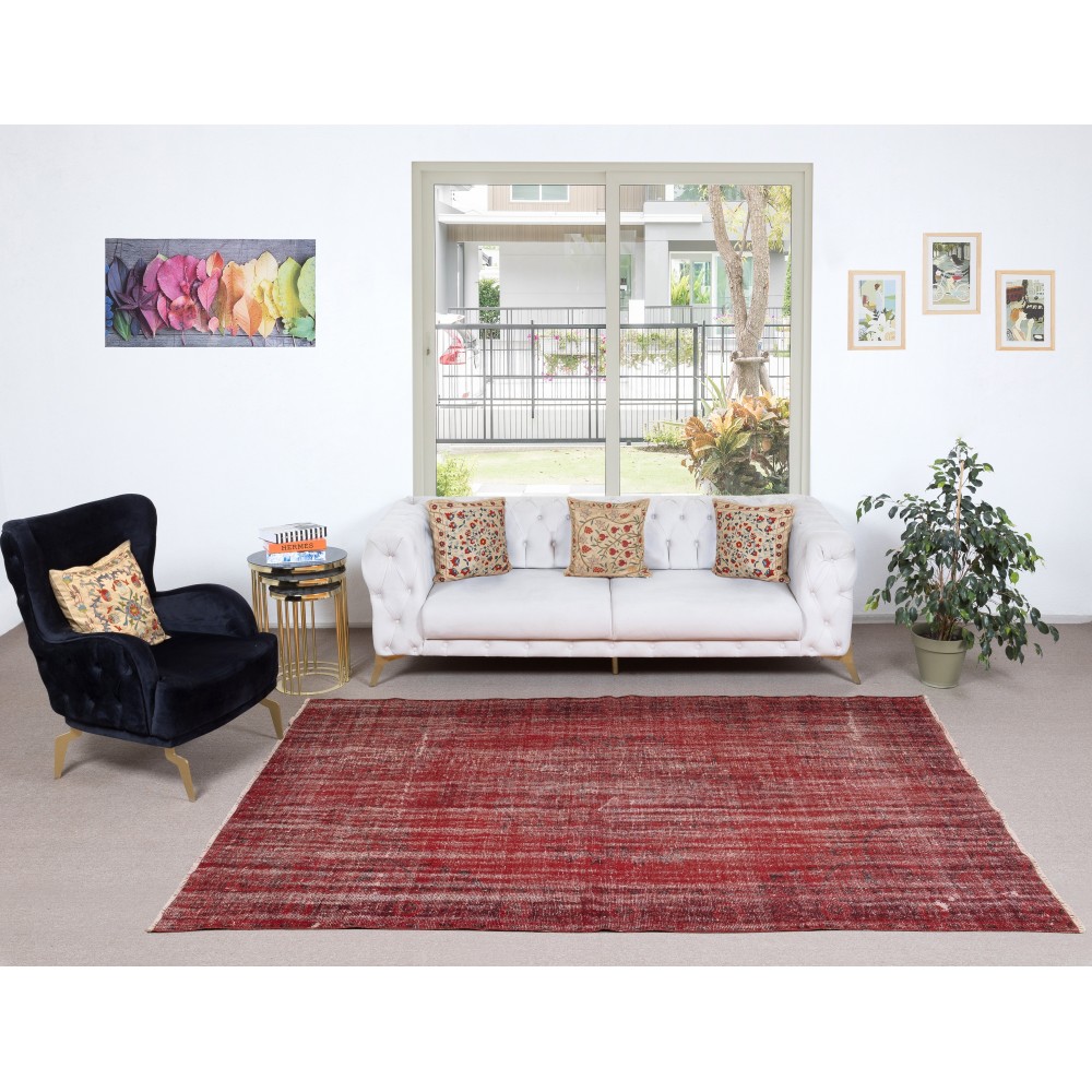 Hand-knotted Vintage Turkish Wool Area Rug Overdyed in Red for Modern Interiors Hand-knotted Vintage Turkish Wool Area Rug Overdyed in Red for Modern Interiors