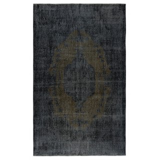 Black Vintage Wool Area Rug. Modern Hand-knotted Carpet