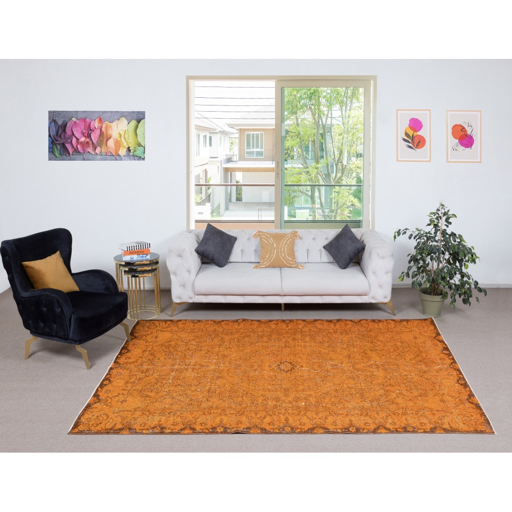 Contemporary Handmade Turkish Wool Area Rug. Vintage Orange Redyed Carpet for Living Room Contemporary Handmade Turkish Wool Area Rug. Vintage Orange Redyed Carpet for Living Room