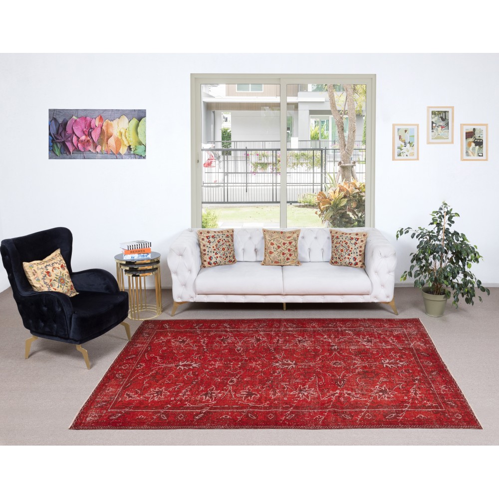 Hand-knotted Vintage Turkish Wool Area Rug Overdyed in Red for Modern Interiors Hand-knotted Vintage Turkish Wool Area Rug Overdyed in Red for Modern Interiors
