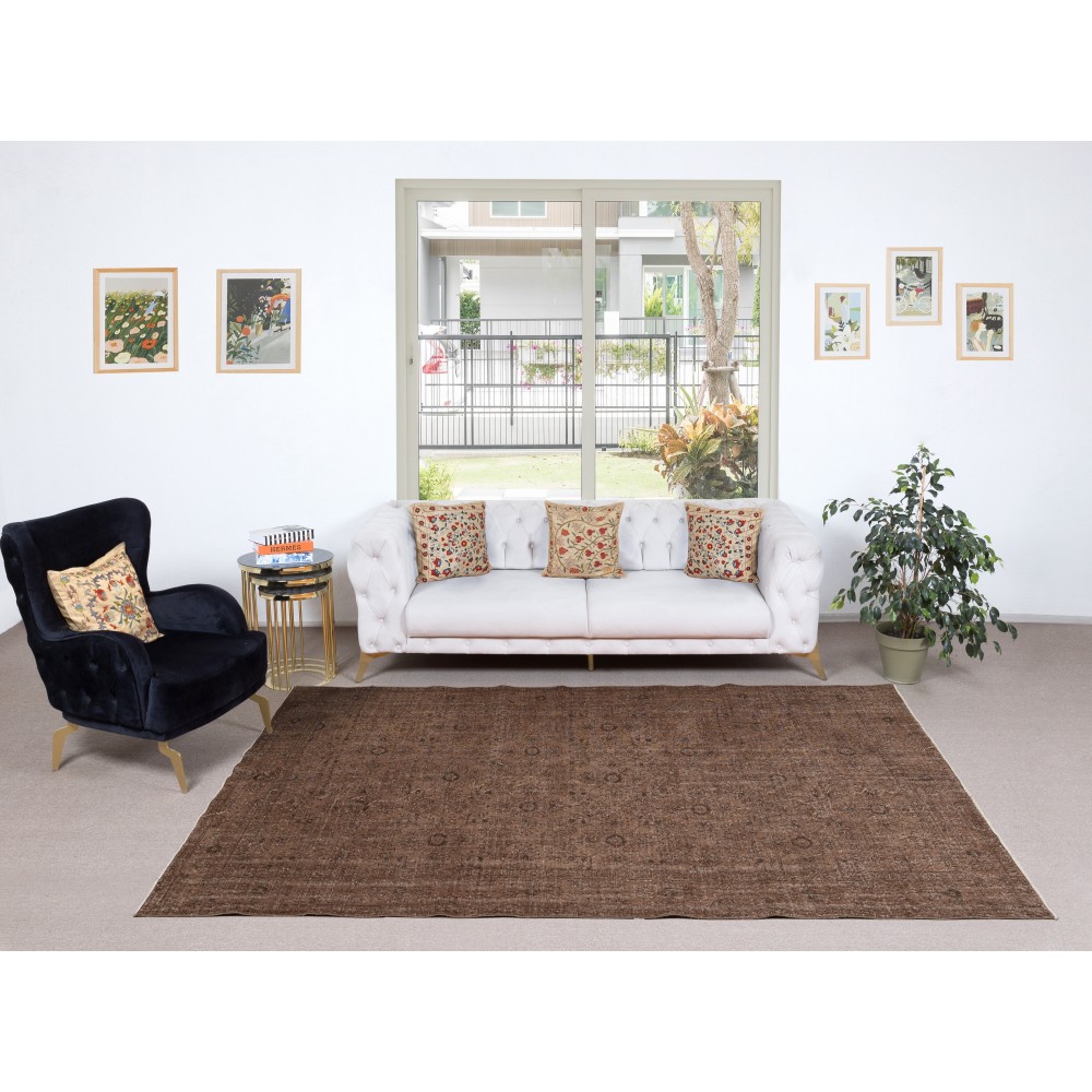 Brown Overdyed Handmade Wool Rug. Vintage Turkish Area Rug for Living Room