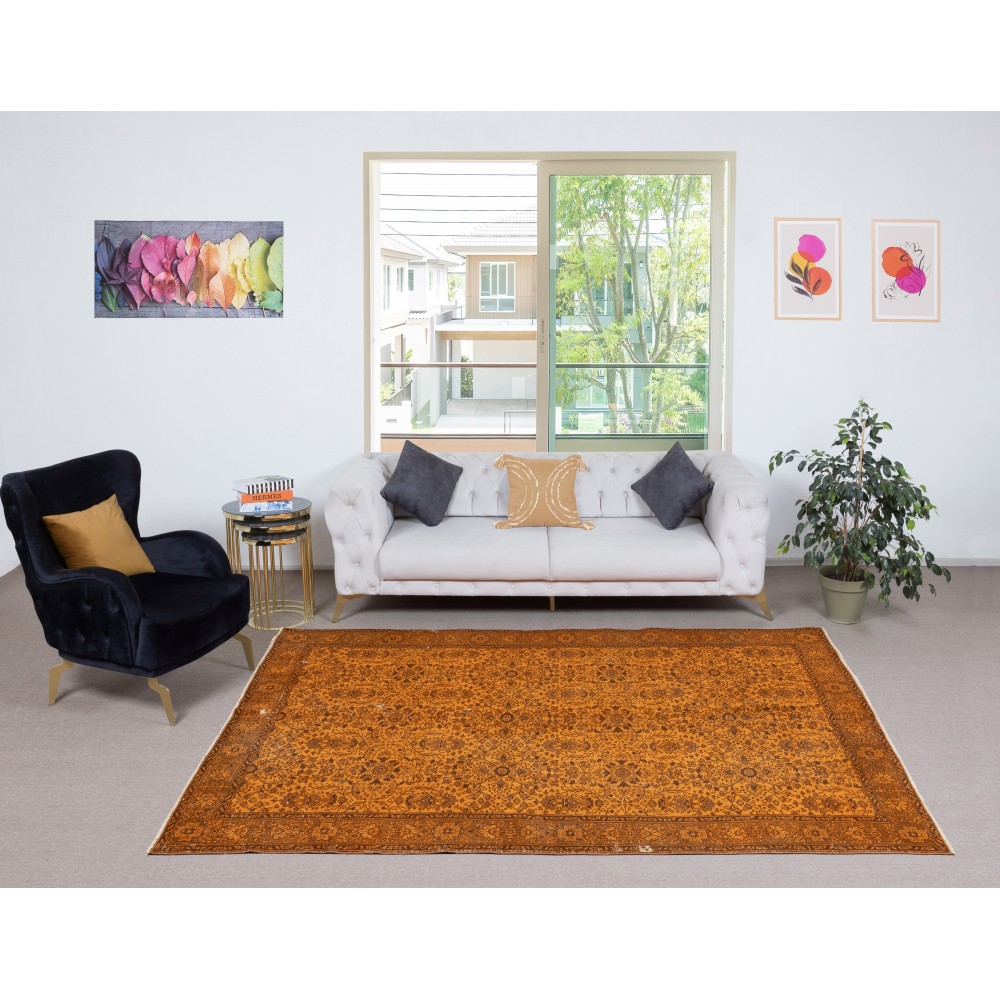 Vintage Handmade Turkish Wool Area Rug Overdyed in Orange for Contemporary Interiors