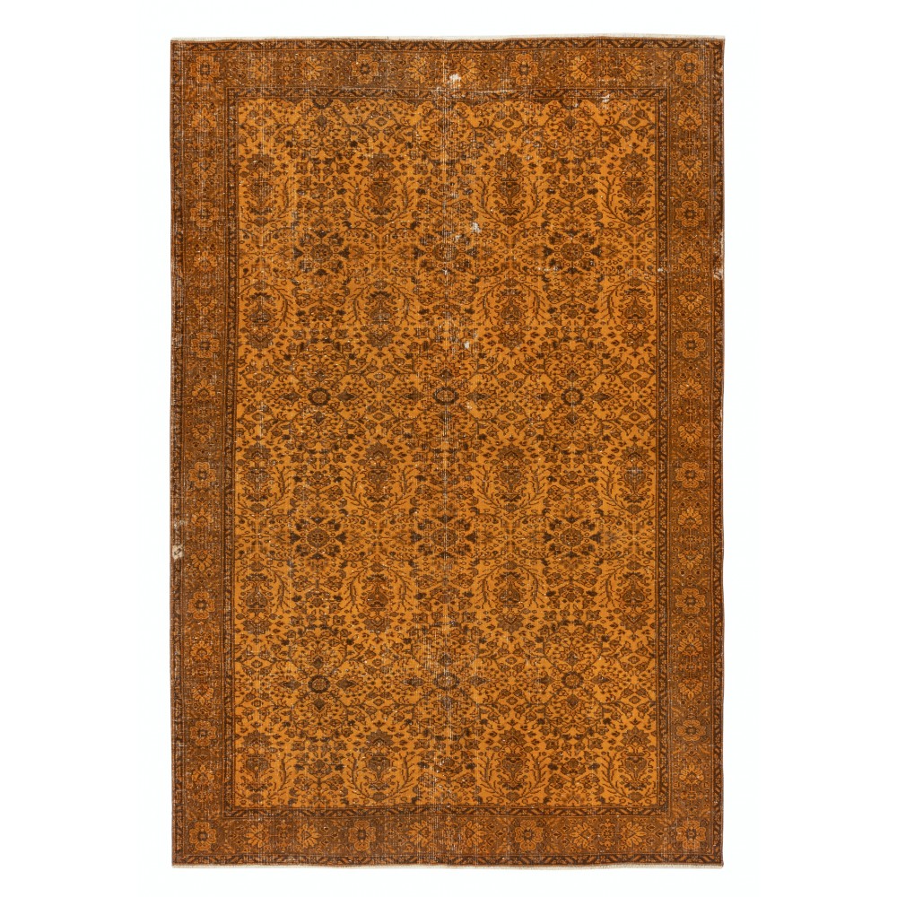 Vintage Handmade Turkish Wool Area Rug Overdyed in Orange for Contemporary Interiors
