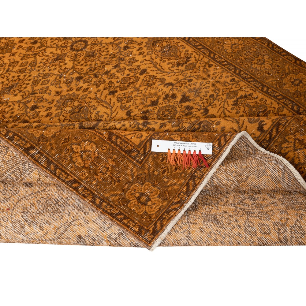 Vintage Handmade Turkish Wool Area Rug Overdyed in Orange for Contemporary Interiors