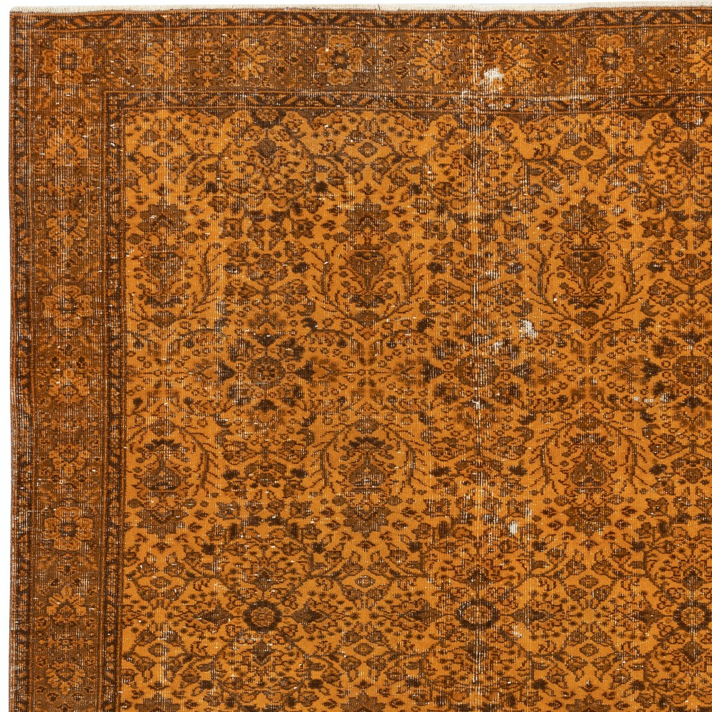 Vintage Handmade Turkish Wool Area Rug Overdyed in Orange for Contemporary Interiors