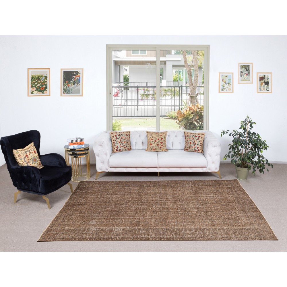Vintage Brown Wool Area Rug. Handmade Turkish Rug for Contemporary Spaces