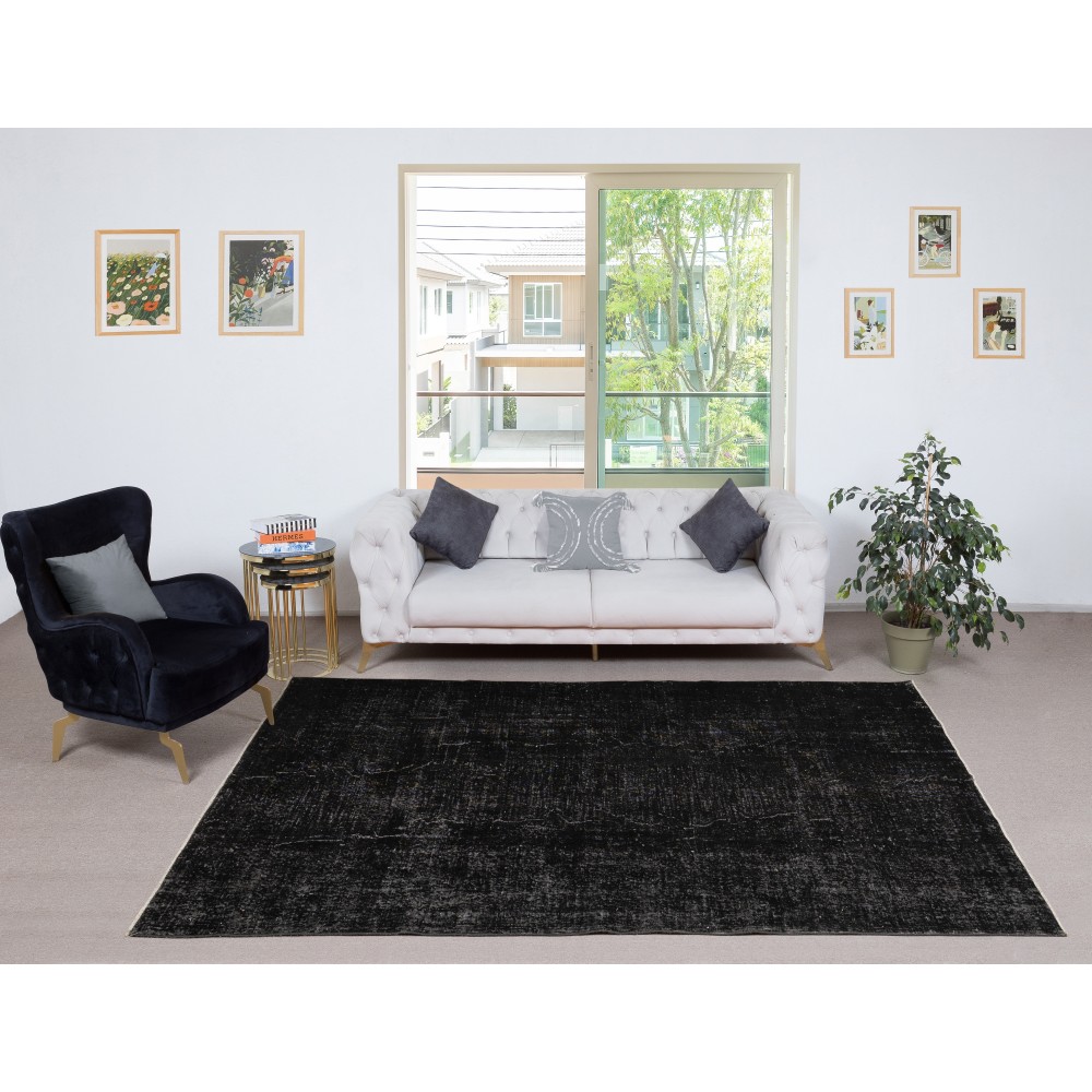 Vintage Handmade Turkish Wool Area Rug Redyed in Black for Modern Interiors Vintage Handmade Turkish Wool Area Rug Redyed in Black for Modern Interiors