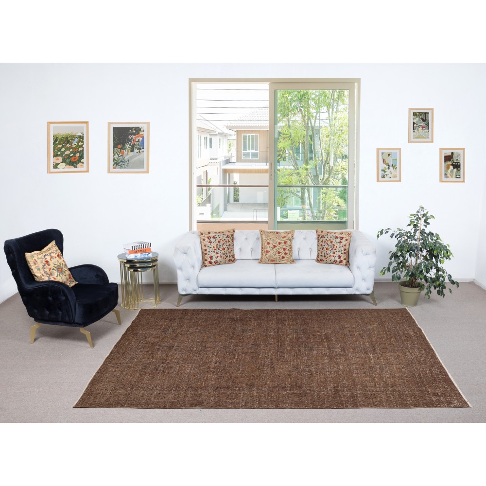 Modern Handmade Turkish Wool Area Rug. Vintage Brown Redyed Carpet for Living Room
