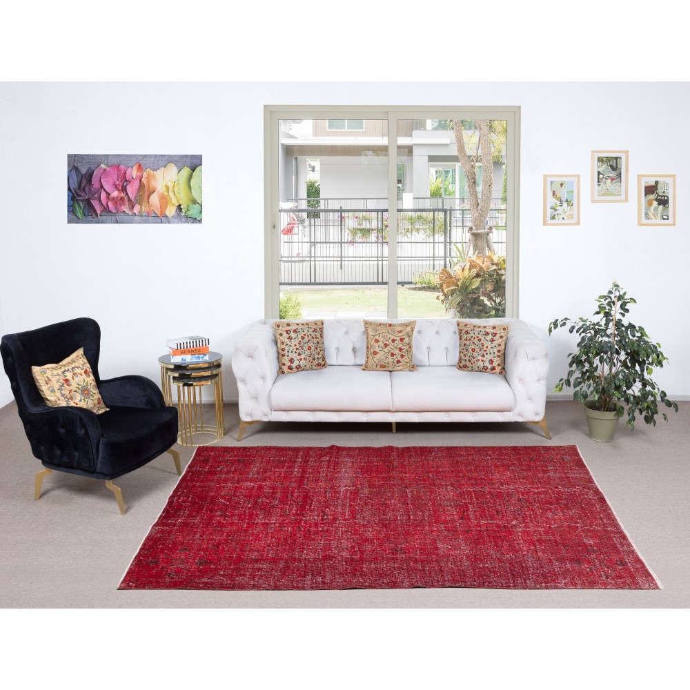 Handmade Turkish Wool Area Rug. Vintage Overdyed Red Rug for Modern Home Handmade Turkish Wool Area Rug. Vintage Overdyed Red Rug for Modern Home