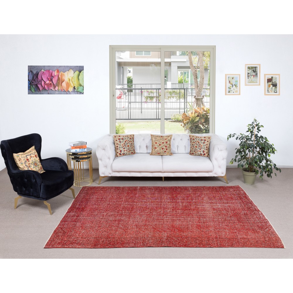 Hand-Knotted Turkish Wool Rug. Vintage Overdyed Red Area Rug for Interiors Hand-Knotted Turkish Wool Rug. Vintage Overdyed Red Area Rug for Interiors