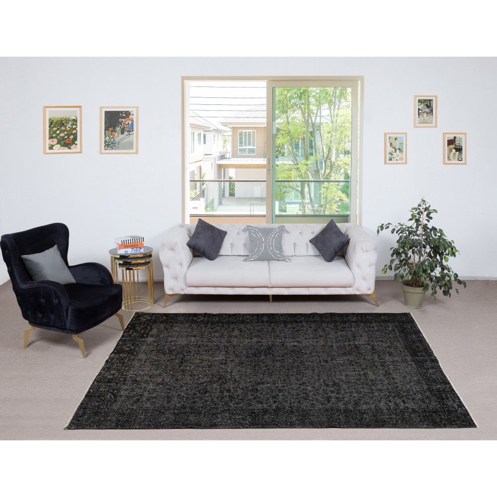 Overdyed Black Wool Rug. Handmade Turkish Vintage Area Rug for Living Room Overdyed Black Wool Rug. Handmade Turkish Vintage Area Rug for Living Room