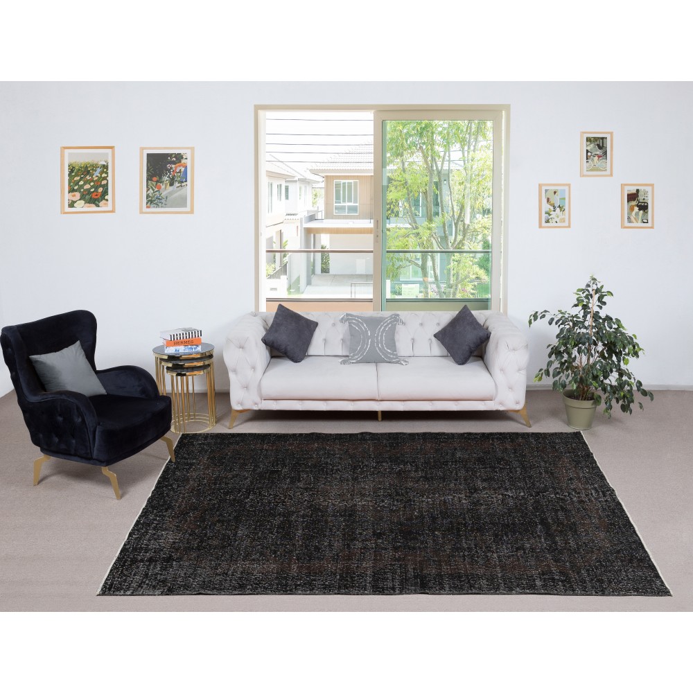 Plain Black Overdyed Area Rug, Handknotted and Handwoven in Turkey