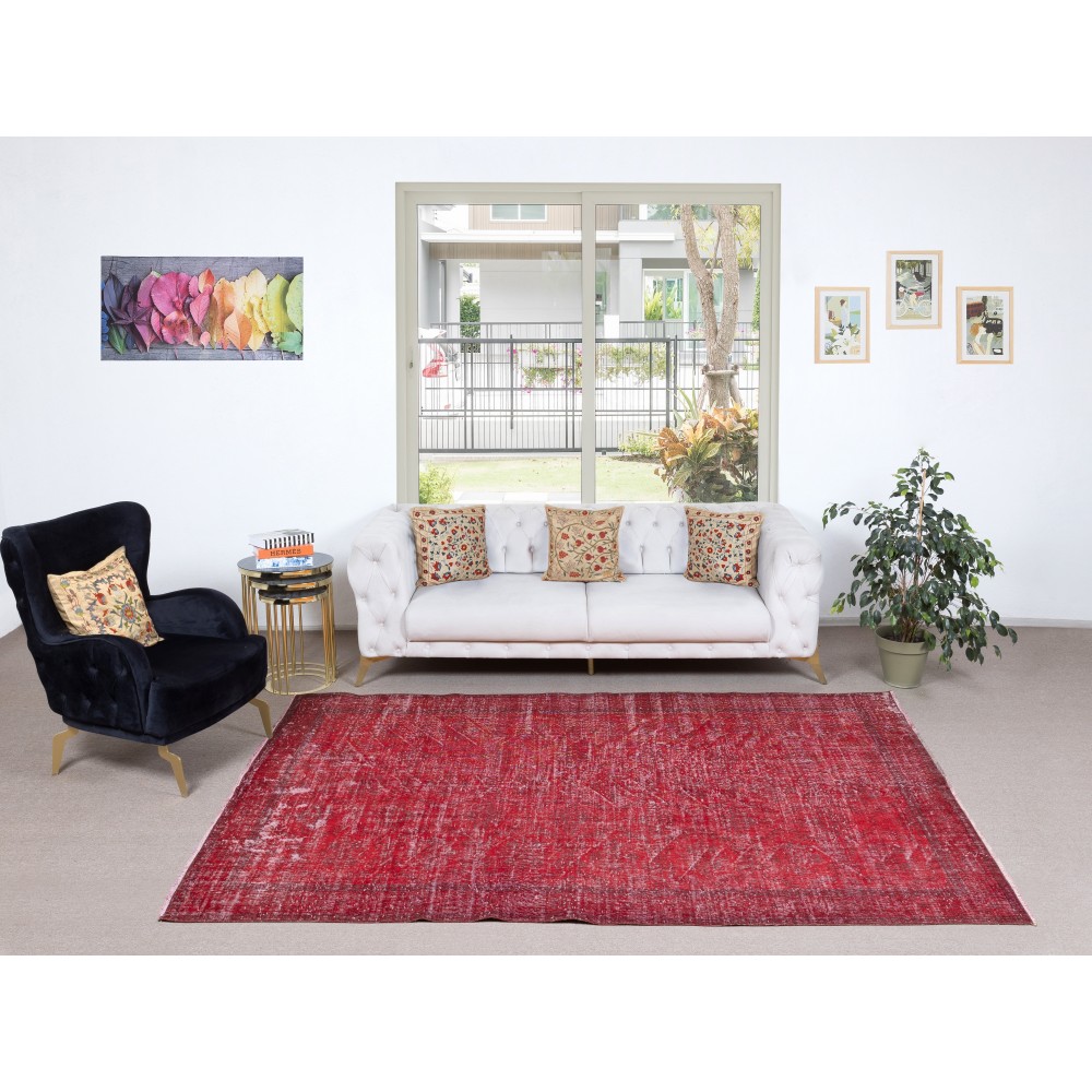 Vintage Turkish Wool Rug. Overdyed Red, Handmade Area Rug for Modern Interiors Vintage Turkish Wool Rug. Overdyed Red, Handmade Area Rug for Modern Interiors