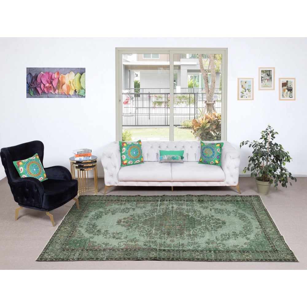Vintage Handmade Turkish Wool Area Rug Redyed in Green for Modern Interiors Vintage Handmade Turkish Wool Area Rug Redyed in Green for Modern Interiors