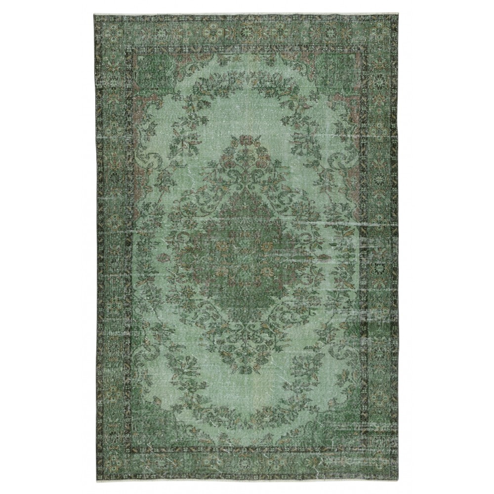 Vintage Handmade Turkish Wool Area Rug Redyed in Green for Modern Interiors Vintage Handmade Turkish Wool Area Rug Redyed in Green for Modern Interiors