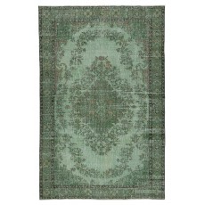 Vintage Handmade Turkish Wool Area Rug Redyed in Green for Modern Interiors