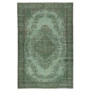 Vintage Handmade Turkish Wool Area Rug Redyed in Green for Modern Interiors