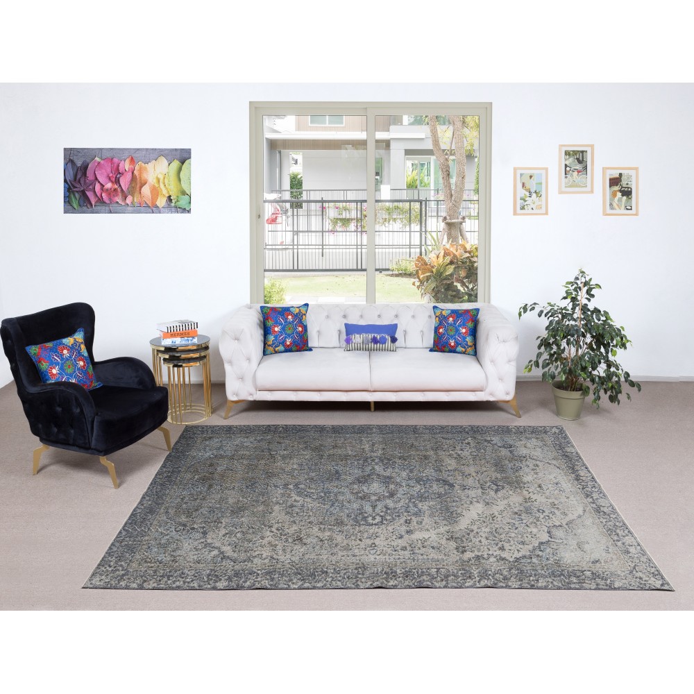 Vintage Handmade Turkish Wool Area Rug Overdyed in Blue for Contemporary Interiors