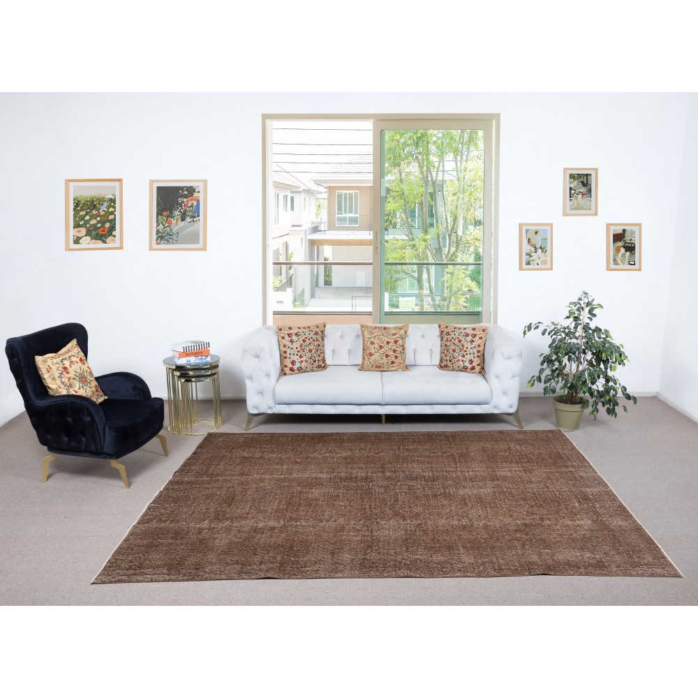 Vintage Handmade Turkish Wool Area Rug Overdyed in Brown for Modern Interiors