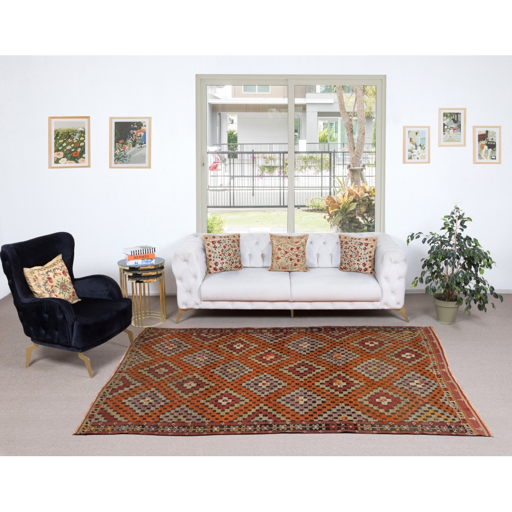 Vintage Handwoven Diamond Design Jijim Kilim. Flat-Weave Turkish Jajim Rug. 100% Wool Vintage Handwoven Diamond Design Jijim Kilim. Flat-Weave Turkish Jajim Rug. 100% Wool