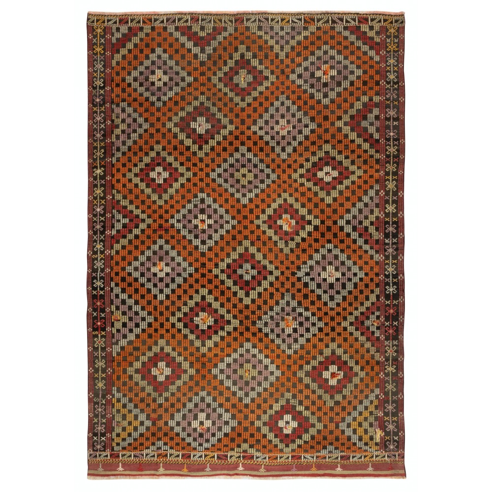 Vintage Handwoven Diamond Design Jijim Kilim. Flat-Weave Turkish Jajim Rug. 100% Wool Vintage Handwoven Diamond Design Jijim Kilim. Flat-Weave Turkish Jajim Rug. 100% Wool
