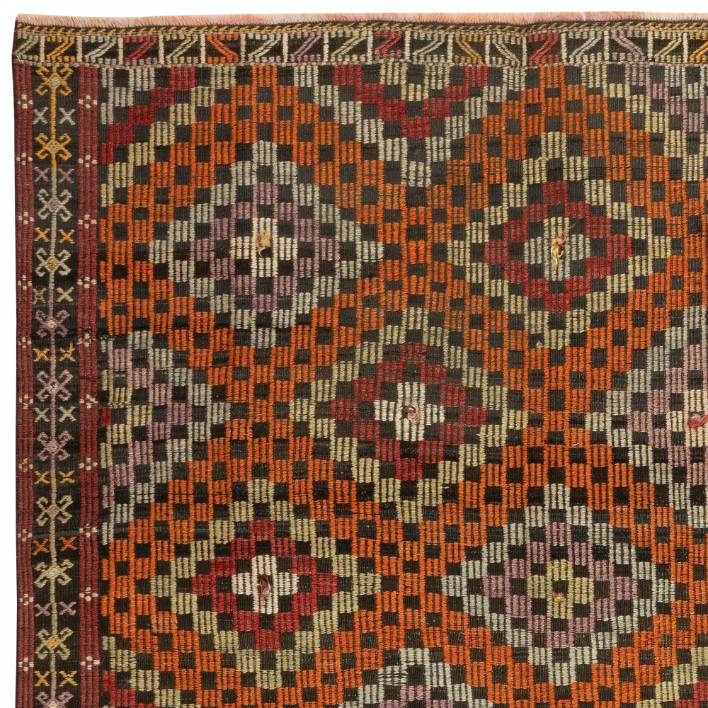Vintage Handwoven Diamond Design Jijim Kilim. Flat-Weave Turkish Jajim Rug. 100% Wool Vintage Handwoven Diamond Design Jijim Kilim. Flat-Weave Turkish Jajim Rug. 100% Wool