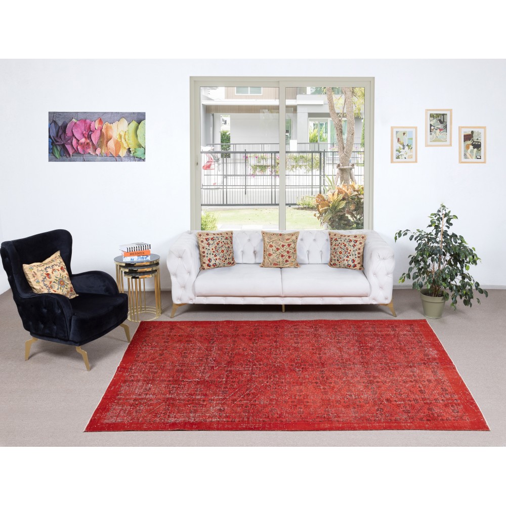 Handmade Turkish Wool Rug. Vintage Red Overdyed Area Rug for Living Room Handmade Turkish Wool Rug. Vintage Red Overdyed Area Rug for Living Room
