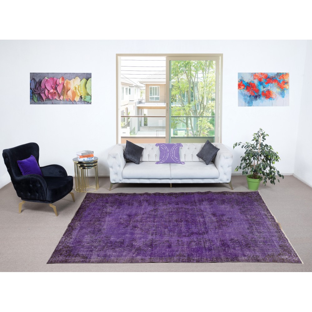 Vintage Handmade Turkish Wool Area Rug Overdyed in Purple for Modern Interiors Vintage Handmade Turkish Wool Area Rug Overdyed in Purple for Modern Interiors