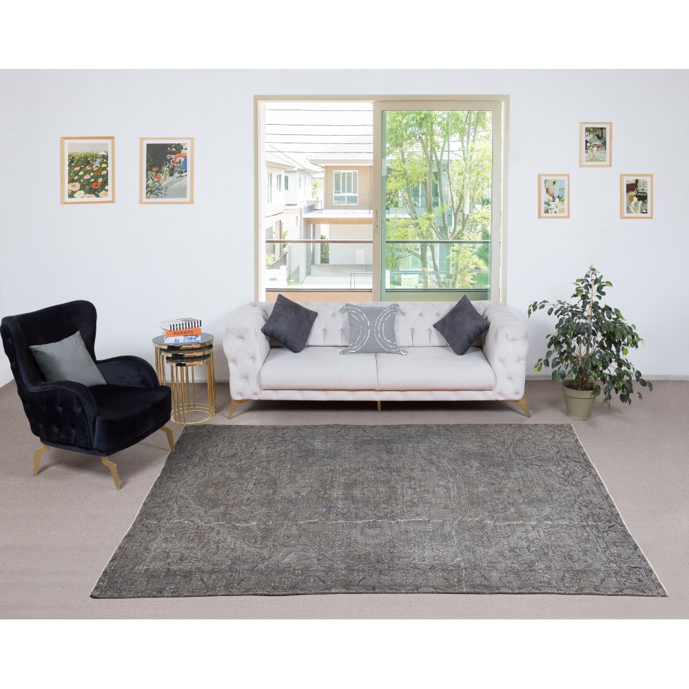 Hand-Knotted Vintage Gray Wool Rug. Turkish Overdyed Area Rug for Modern and Classic Homes
