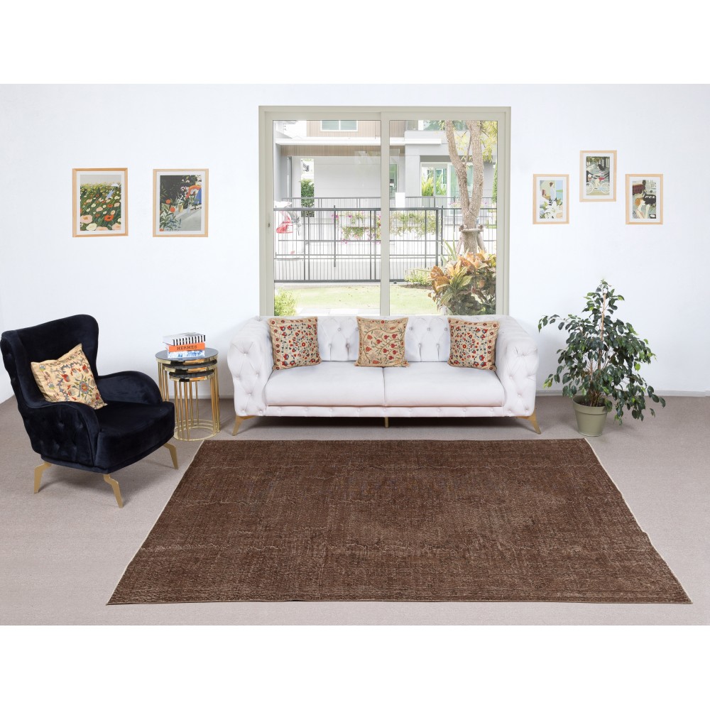 Hand-knotted Vintage Turkish Wool Area Rug Overdyed in Brown color for Modern Interiors