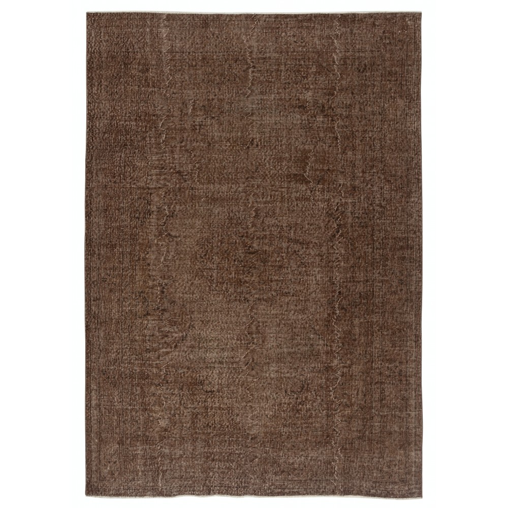 Hand-knotted Vintage Turkish Wool Area Rug Overdyed in Brown color for Modern Interiors