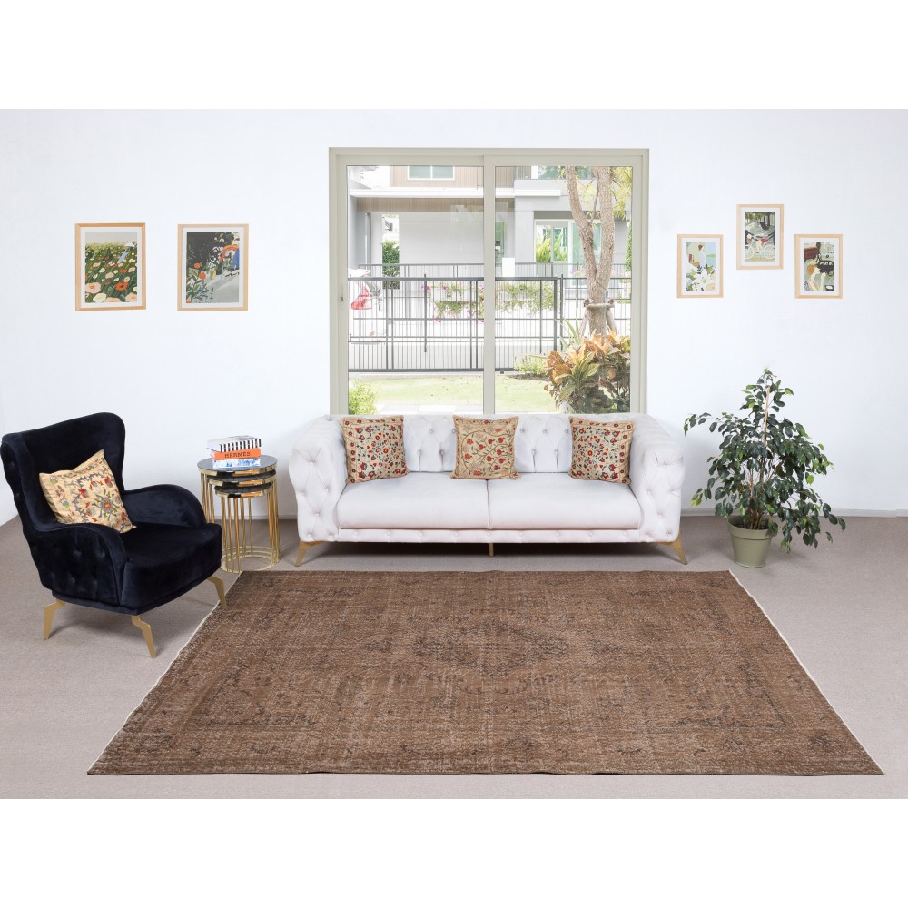 Vintage Wool Area Rug Overdyed in Brown for Modern Interiors. Handmade in Turkey
