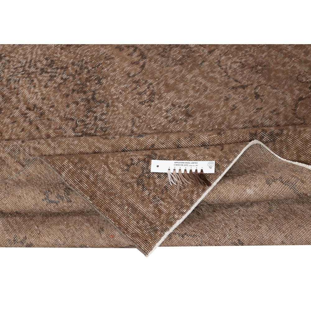 Vintage Wool Area Rug Overdyed in Brown for Modern Interiors. Handmade in Turkey