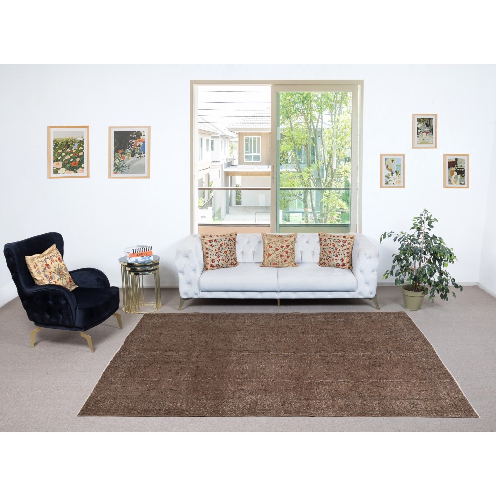 Hand-knotted Vintage Turkish Wool Area Rug Overdyed in Brown for Modern Interiors