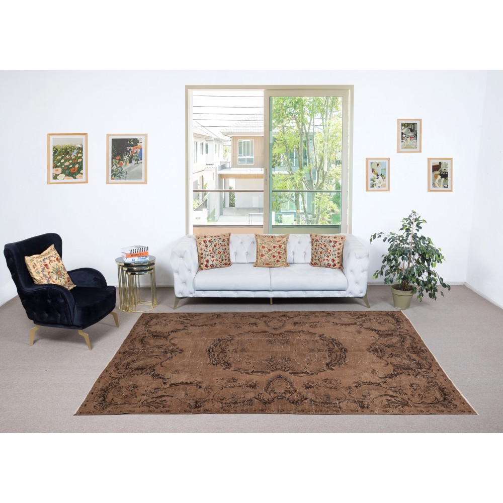 Handmade Turkish Wool Area Rug. Vintage Overdyed Brown Rug for Modern Home