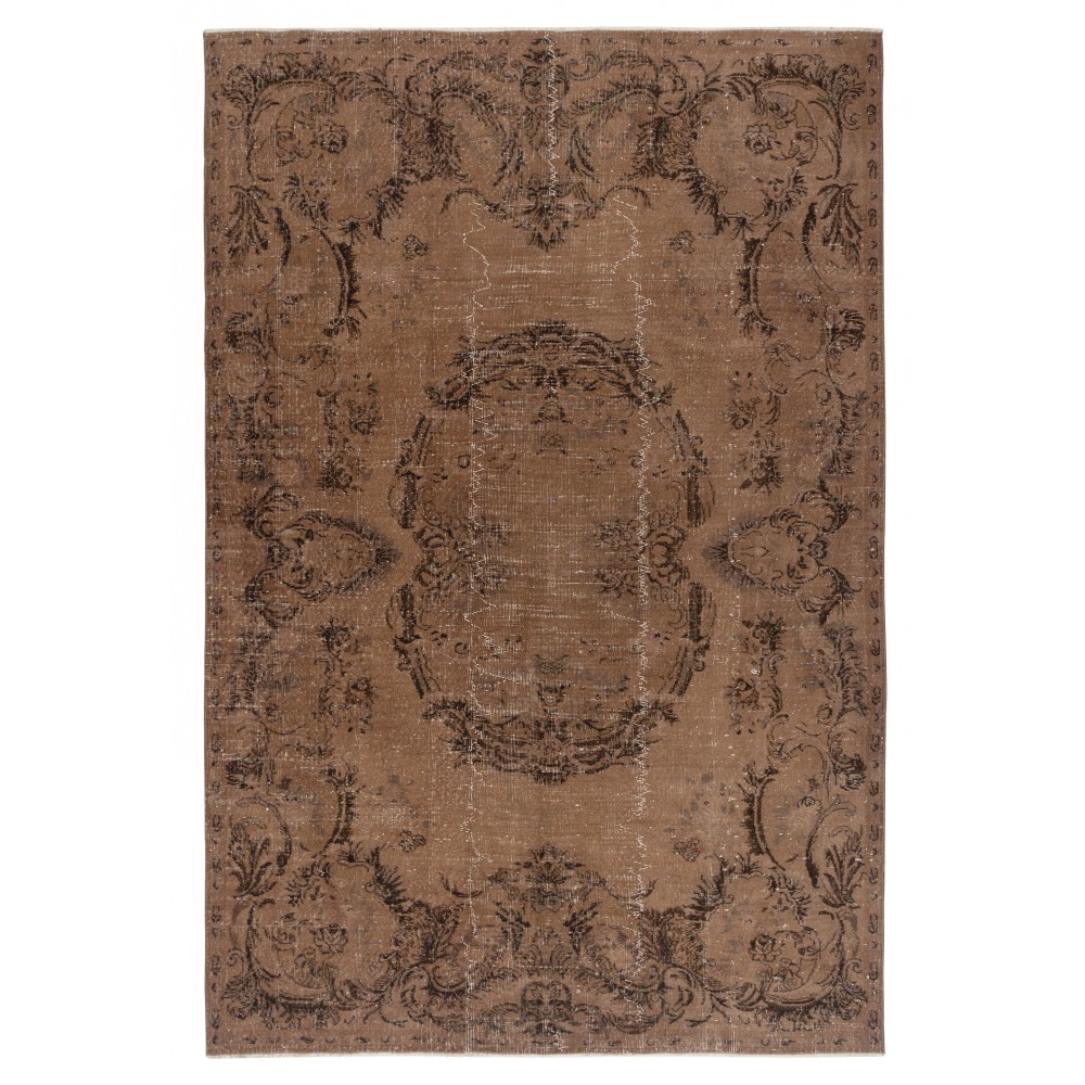 Handmade Turkish Wool Area Rug. Vintage Overdyed Brown Rug for Modern Home