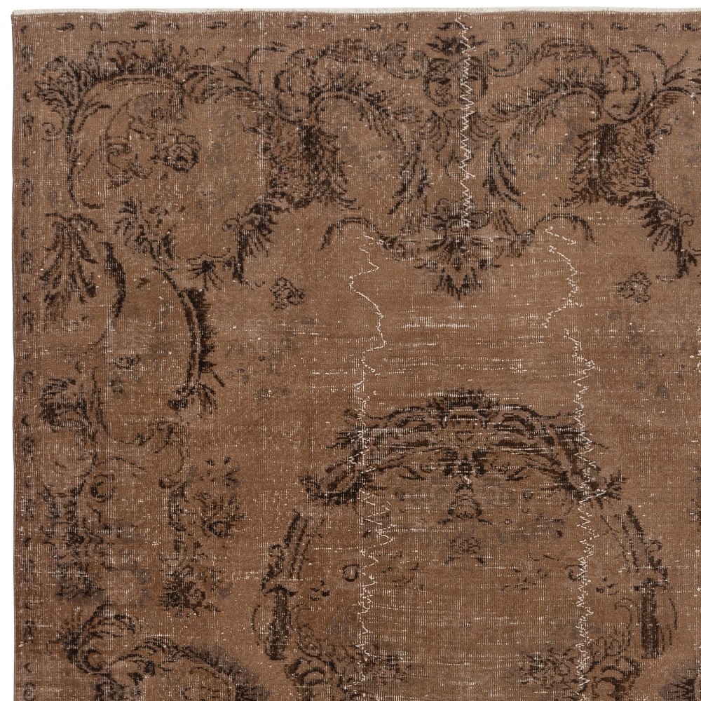 Handmade Turkish Wool Area Rug. Vintage Overdyed Brown Rug for Modern Home