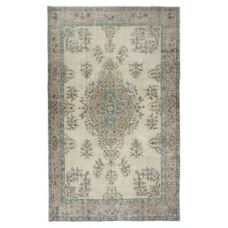 Vintage Floral Wool Rug | Beige Turkish Carpet for Country Style Decoration