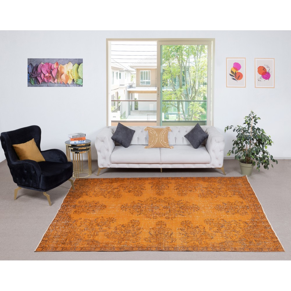 Modern Orange Turkish Rug for Bedroom. Vintage Handmade Wool Area Rug for Living Room