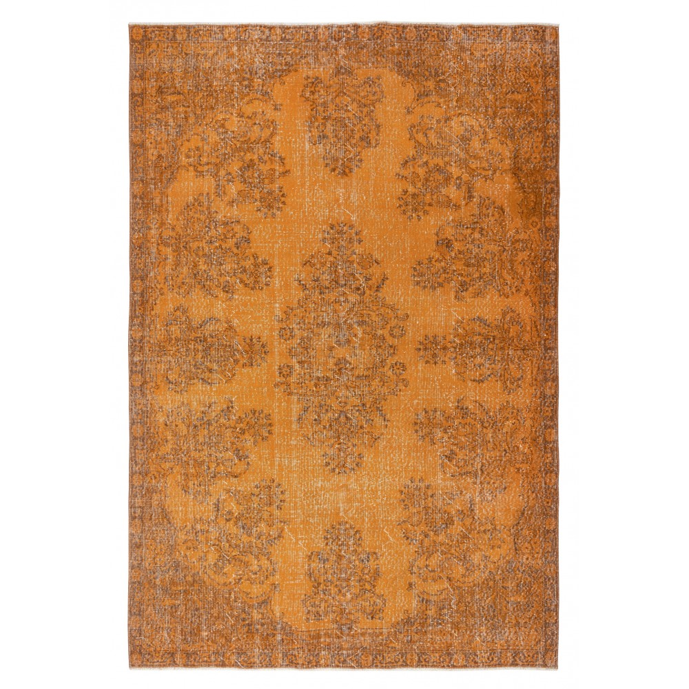 Modern Orange Turkish Rug for Bedroom. Vintage Handmade Wool Area Rug for Living Room