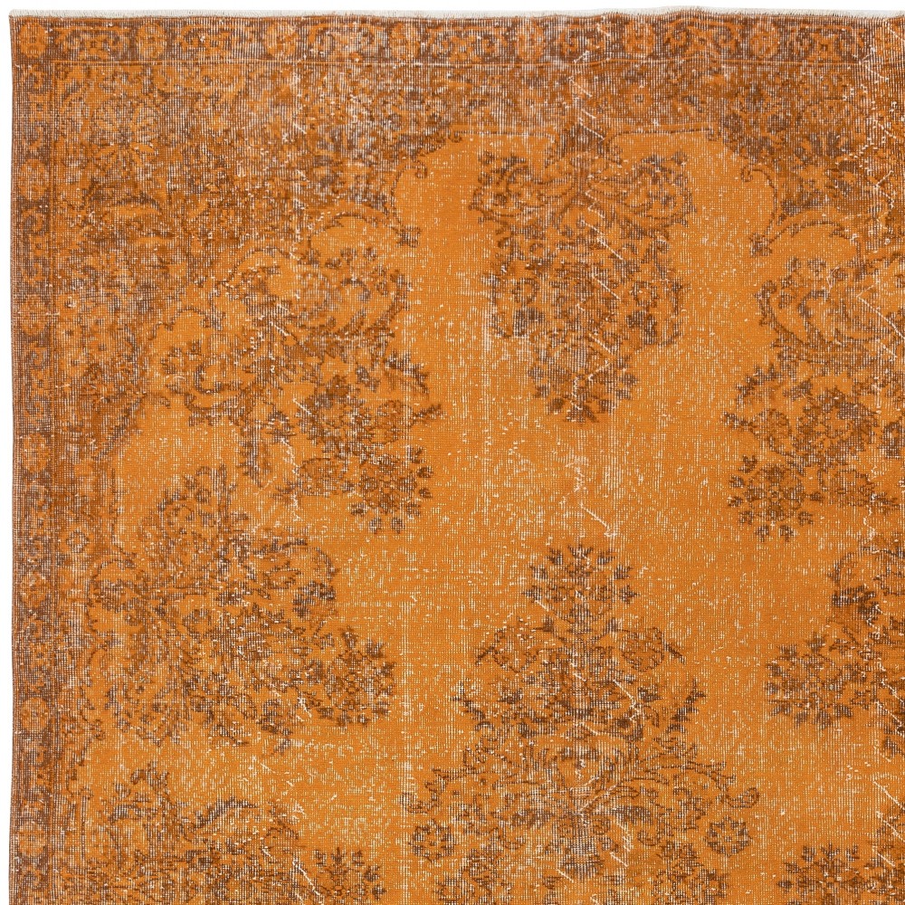 Modern Orange Turkish Rug for Bedroom. Vintage Handmade Wool Area Rug for Living Room