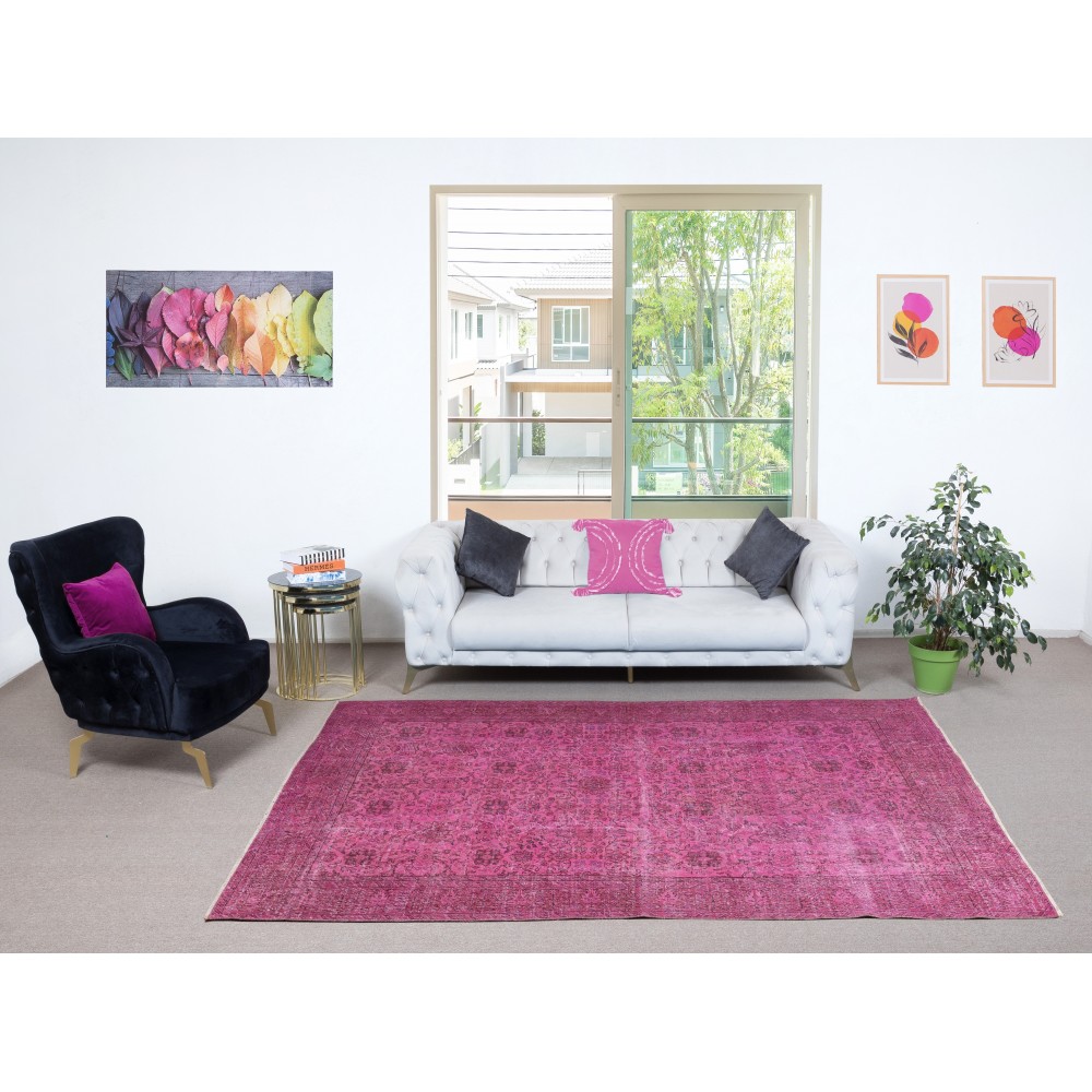 Vintage Handmade Turkish Wool Area Rug Redyed in Pink for Modern Interiors