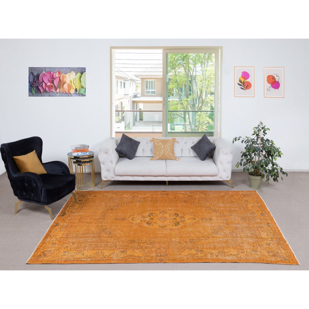 Orange Overdyed Handmade Wool Rug. Vintage Turkish Area Rug for Living Room Orange Overdyed Handmade Wool Rug. Vintage Turkish Area Rug for Living Room