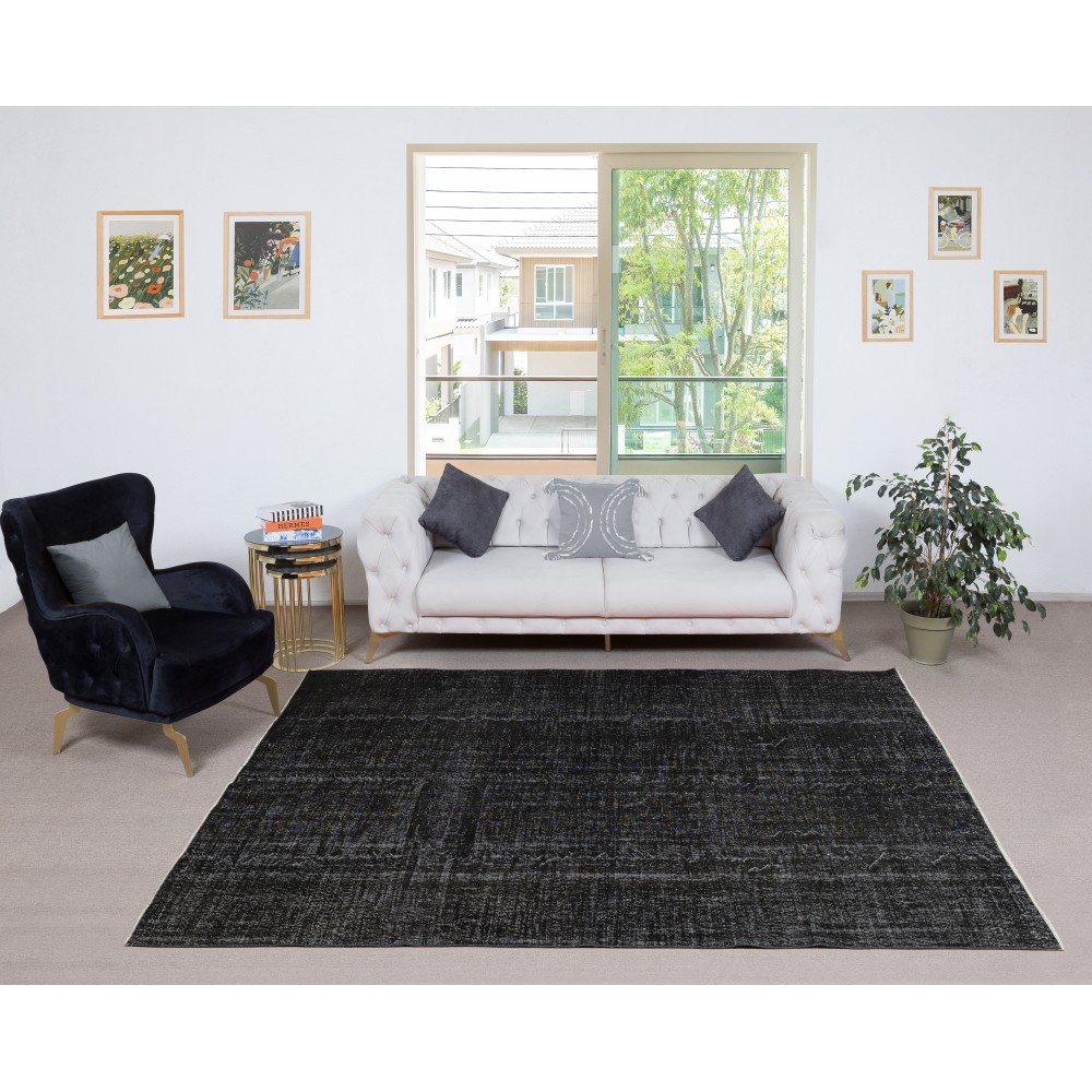 Black Overdyed Handmade Wool Rug. Vintage Turkish Area Rug for Living Room Black Overdyed Handmade Wool Rug. Vintage Turkish Area Rug for Living Room