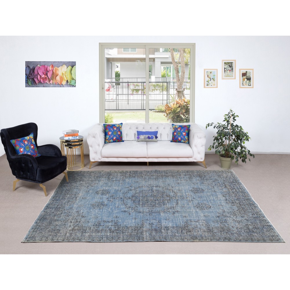 Hand-knotted Vintage Turkish Wool Area Rug Overdyed in Blue for Modern Interiors