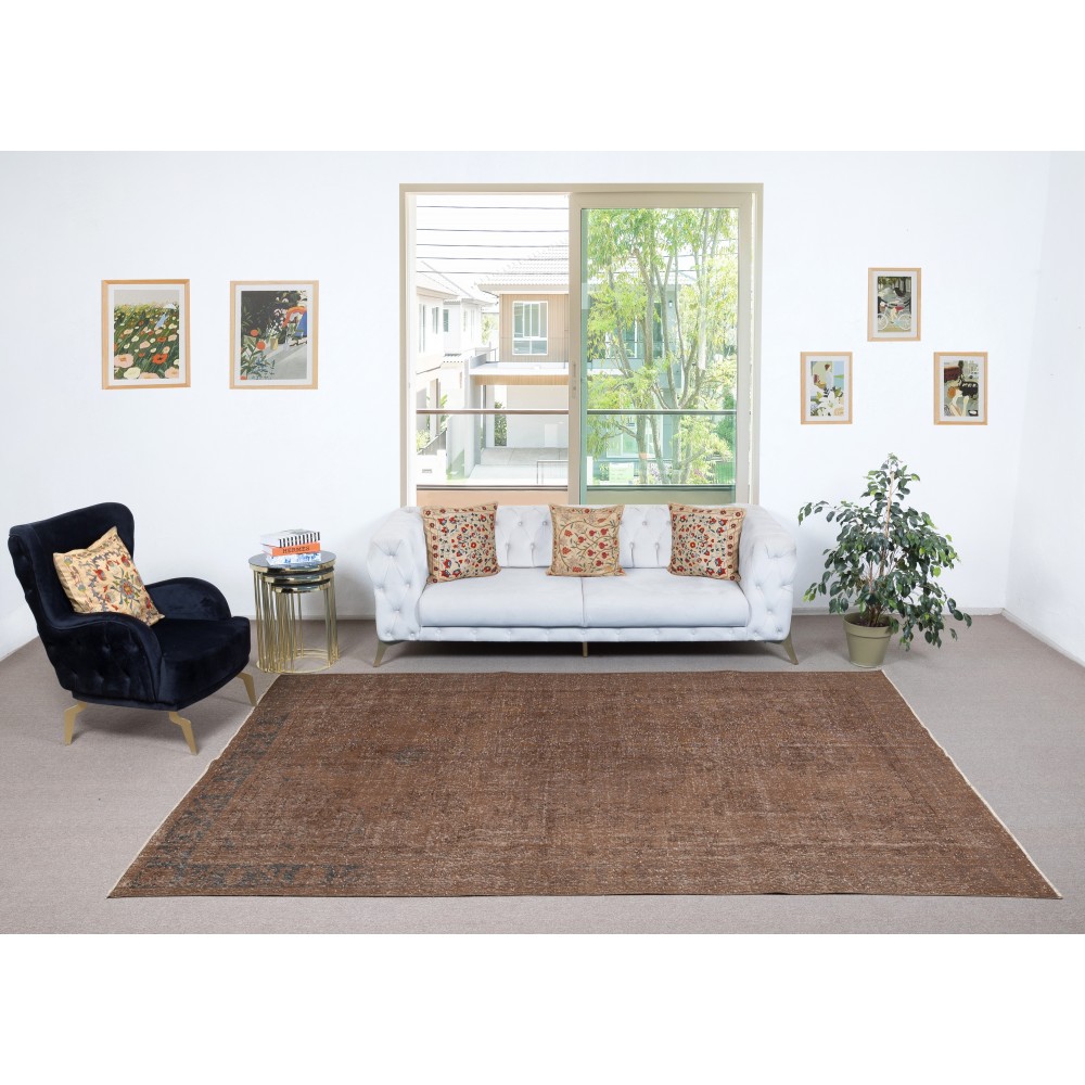 Vintage Handmade Turkish Wool Area Rug Redyed in Brown color for Modern Interiors
