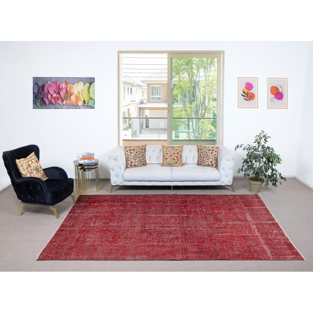 Vintage Handmade Turkish Wool Area Rug Redyed in Red for Modern Interiors Vintage Handmade Turkish Wool Area Rug Redyed in Red for Modern Interiors